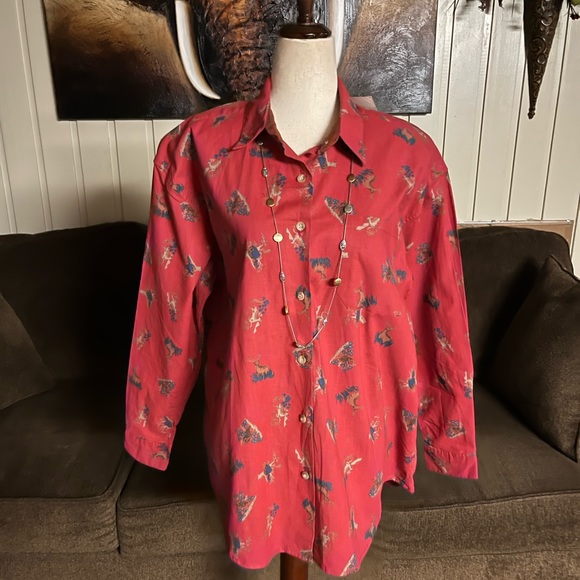 Kyoto Kasuals • Vtg • Large • New • Red • Blouse • Deer/ Bird/ Owl Design - Picture 9 of 15